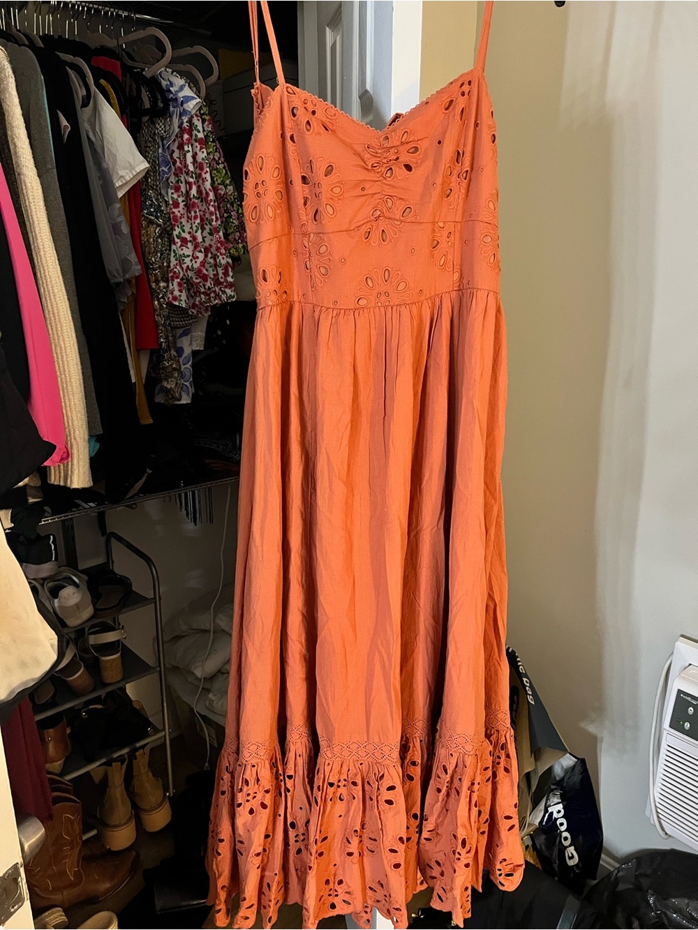 American Eagle Outfitters Orange Eyelet Maxi Dress